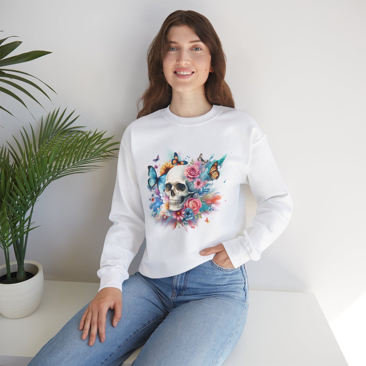 Watercolor Skull and Butterflies - Unisex Heavy Blend™ Crewneck Sweatshirt