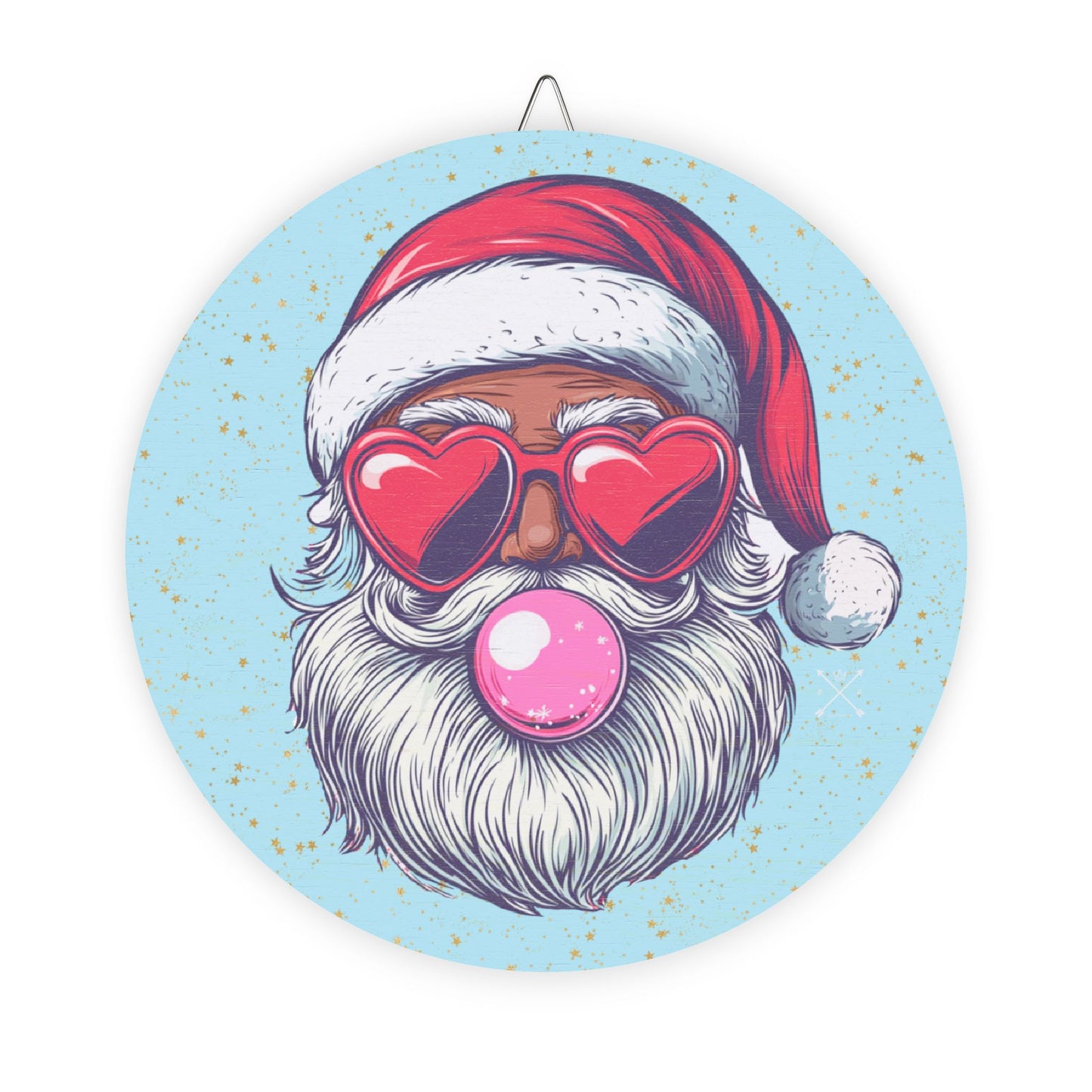 Retro Bubblegum Black Santa - Christmas Wood Sign (light blue)