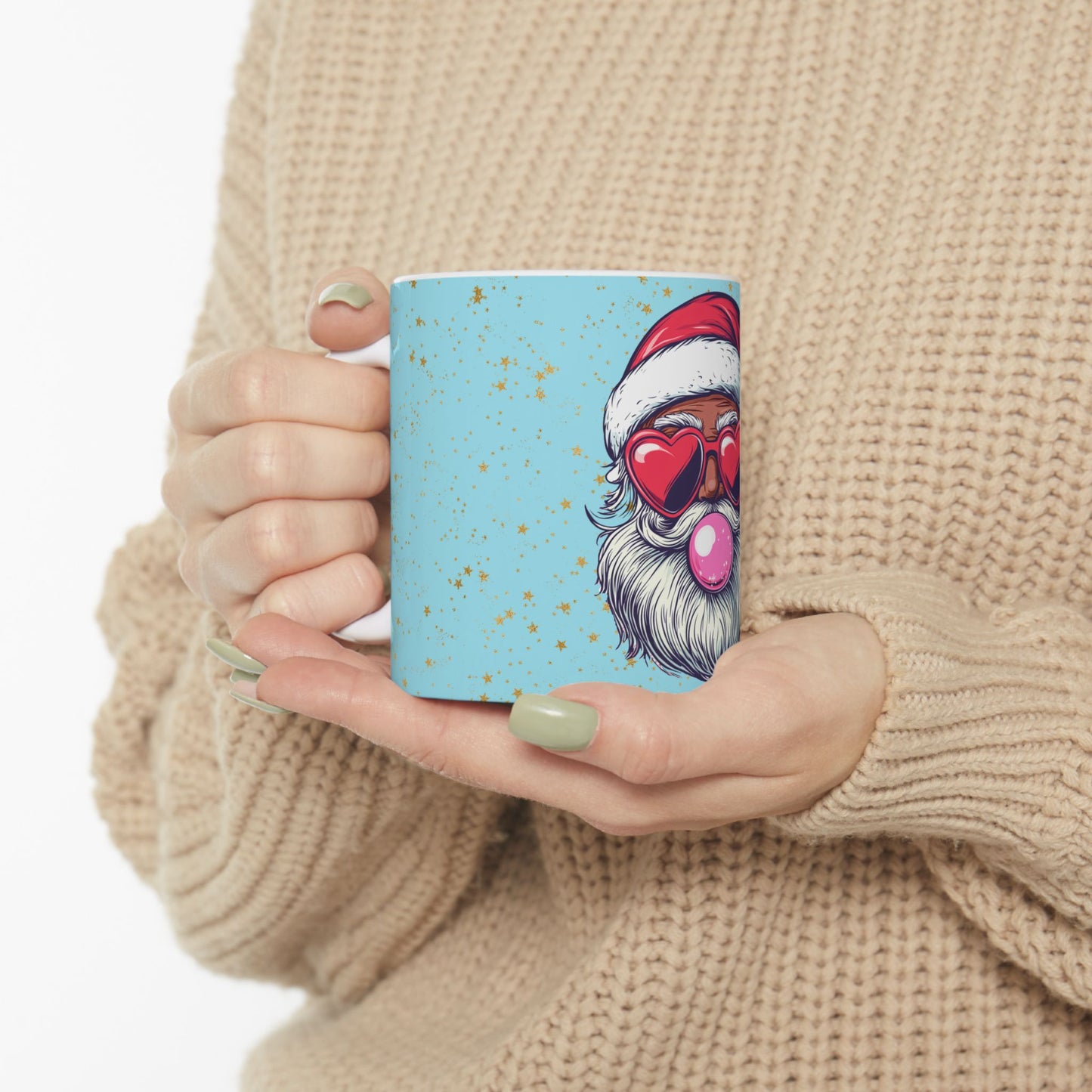 Retro Bubblegum Black Santa (light blue) - Ceramic Mug, (11oz, 15oz)