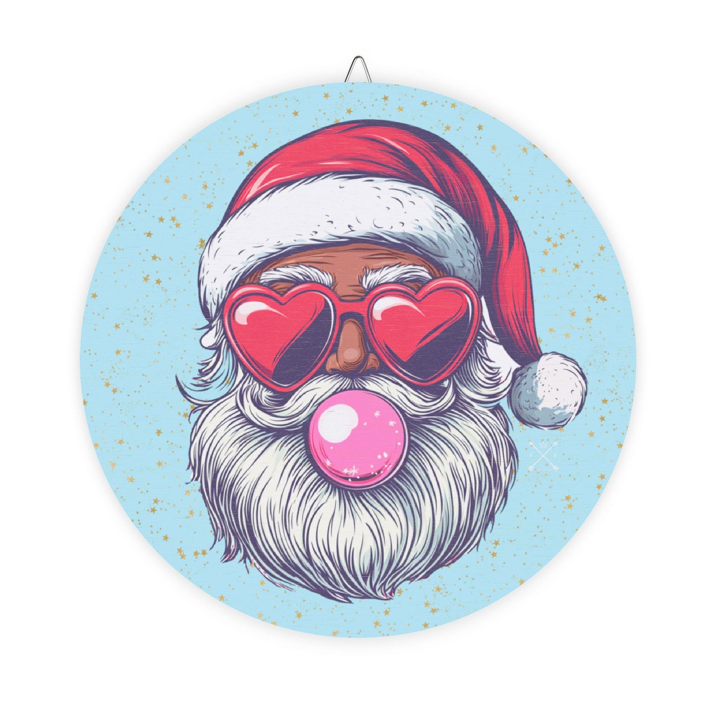 Retro Bubblegum Black Santa - Christmas Wood Sign (light blue)