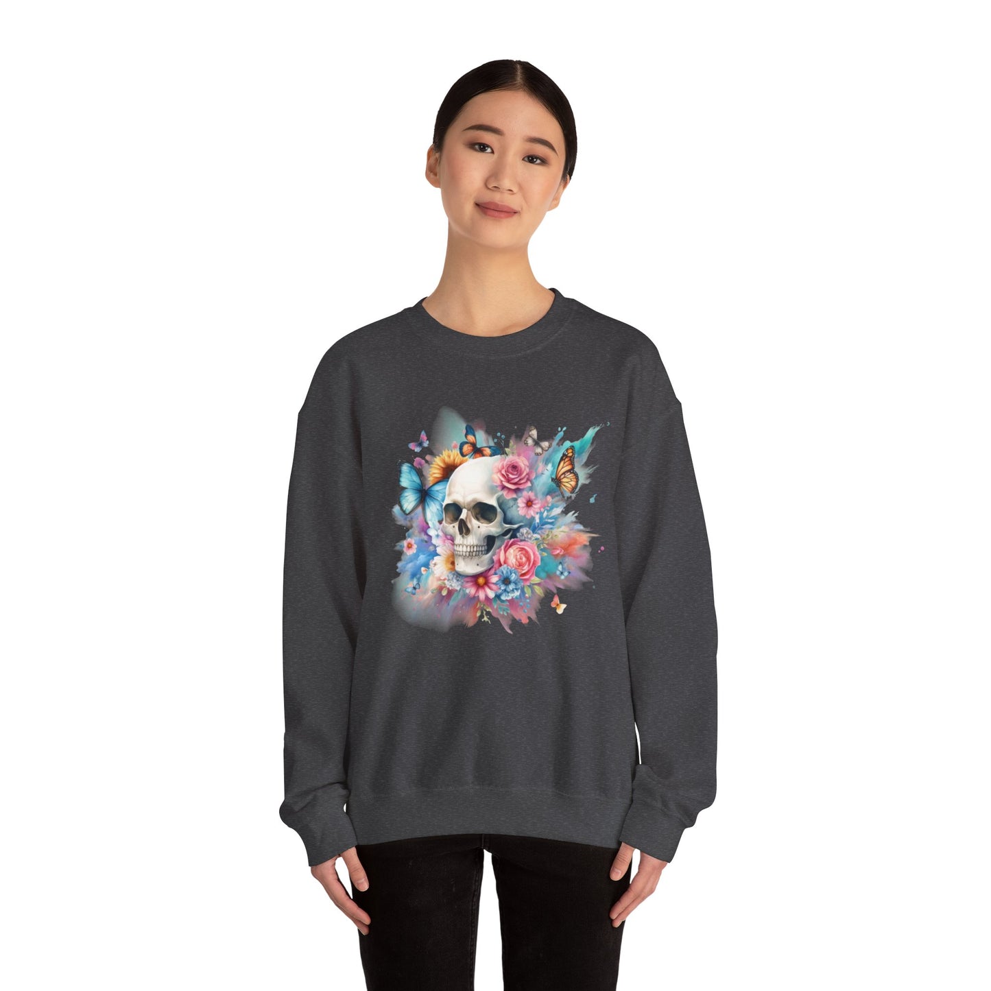 Watercolor Skull and Butterflies - Unisex Heavy Blend™ Crewneck Sweatshirt