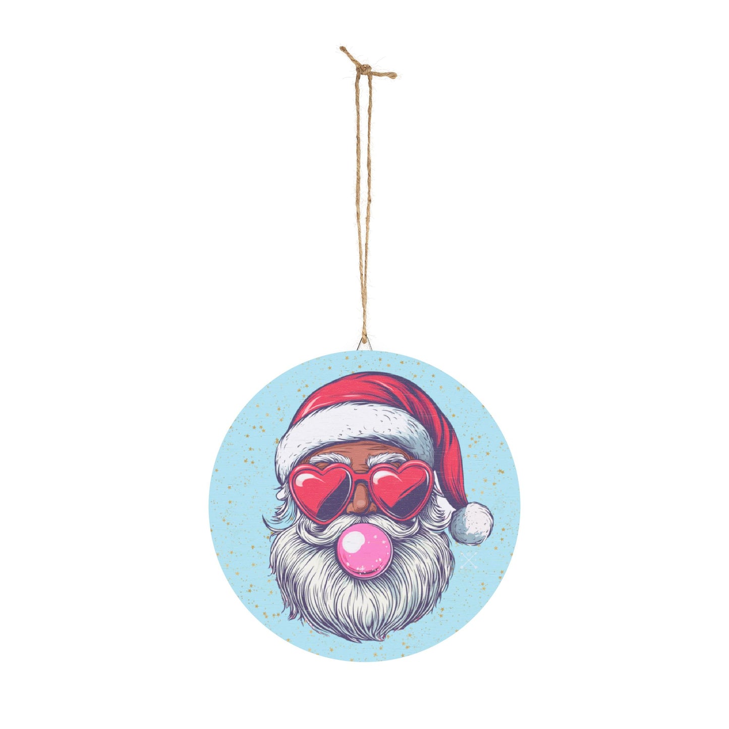 Retro Bubblegum Black Santa - Christmas Wood Sign (light blue)