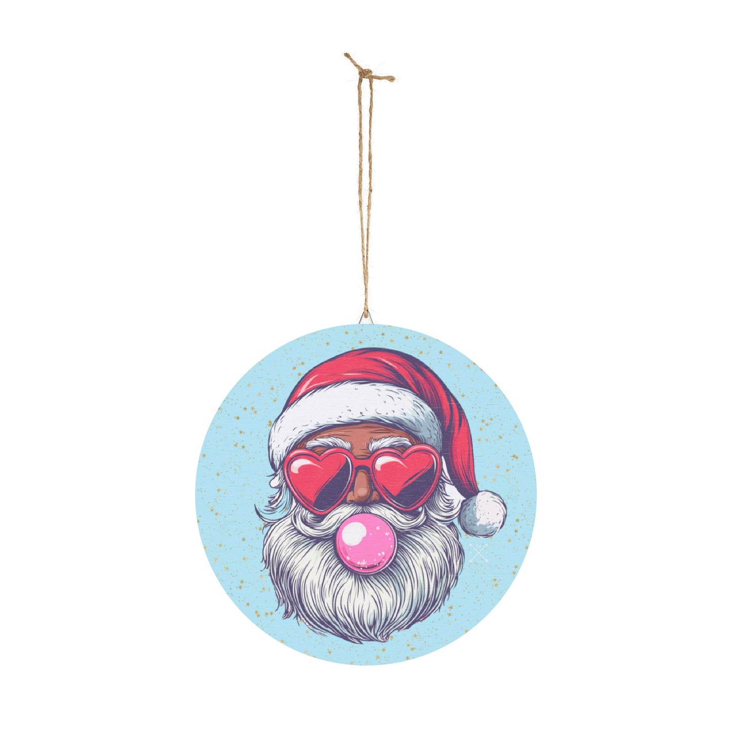 Retro Bubblegum Black Santa - Christmas Wood Sign (light blue)