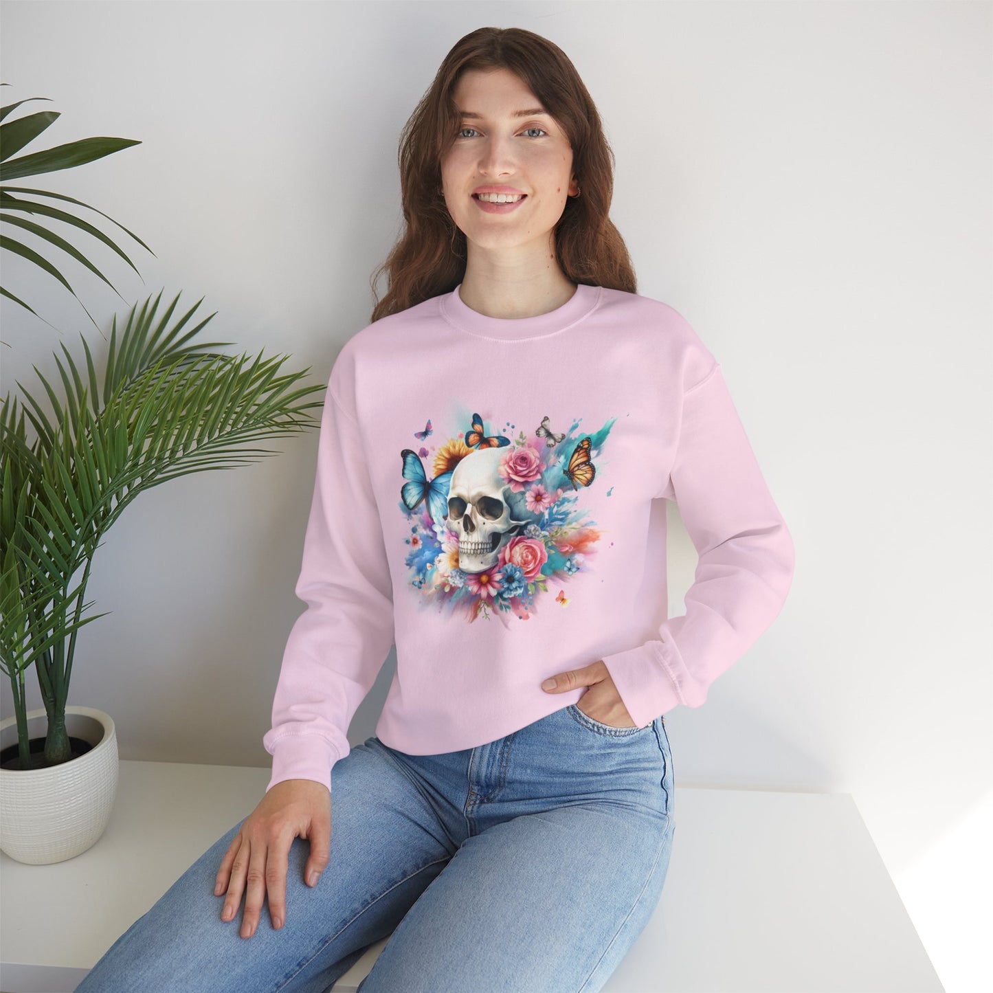 Watercolor Skull and Butterflies - Unisex Heavy Blend™ Crewneck Sweatshirt