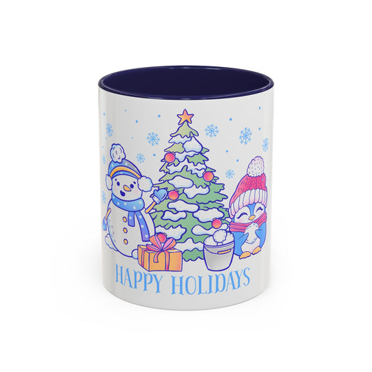 Happy Holidays (snowman and penguin) - Accent Coffee Mug (11, 15oz)