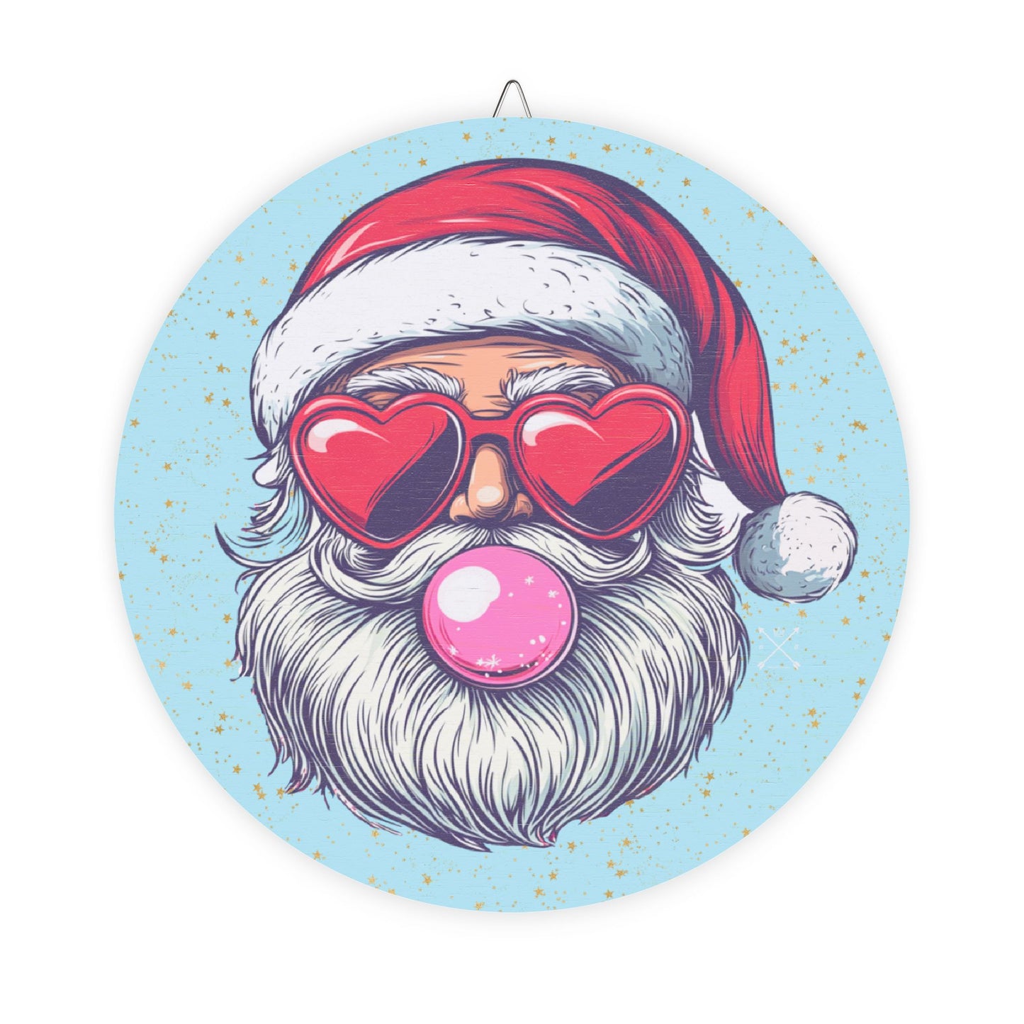 Retro Bubblegum Santa - Christmas Wood Sign (light blue)