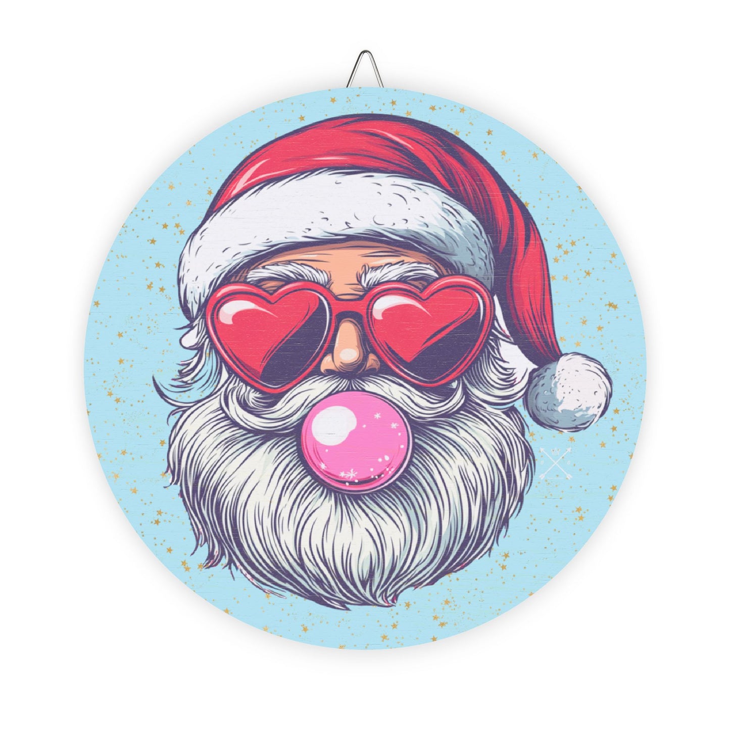 Retro Bubblegum Santa - Christmas Wood Sign (light blue)