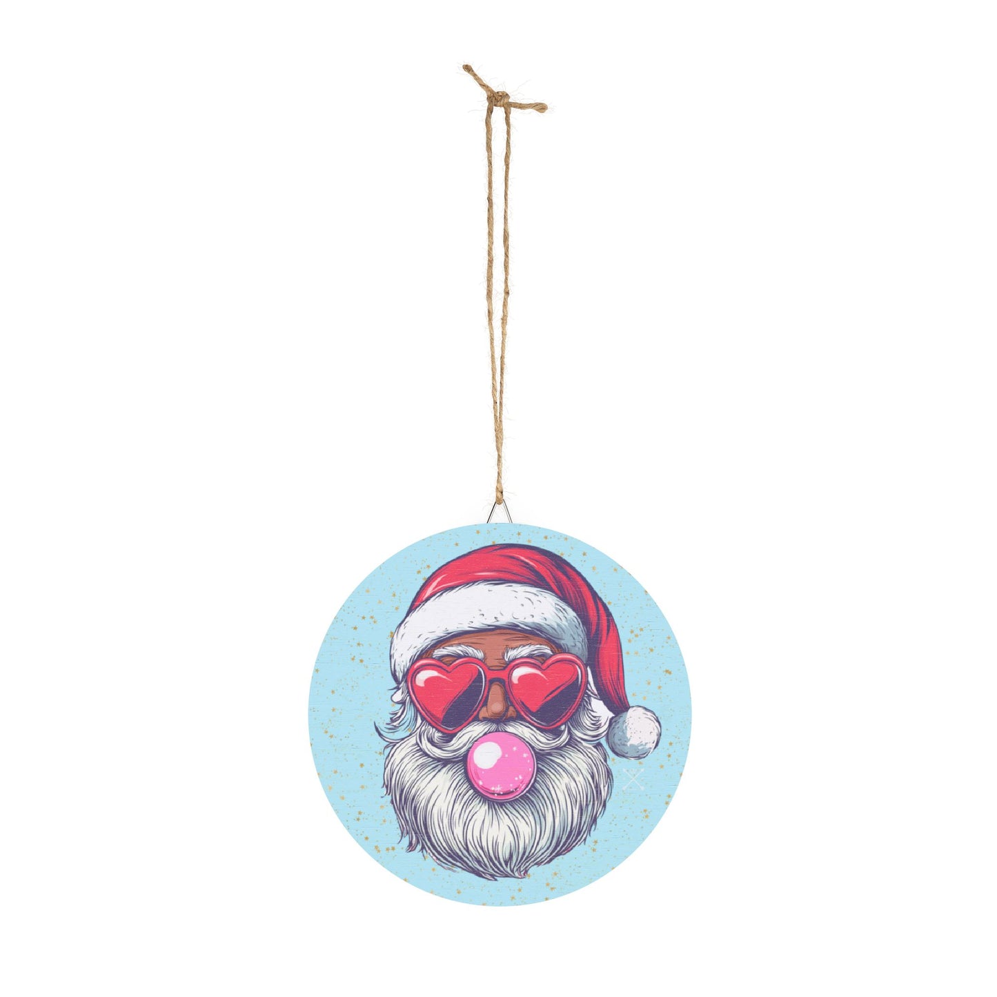 Retro Bubblegum Black Santa - Christmas Wood Sign (light blue)