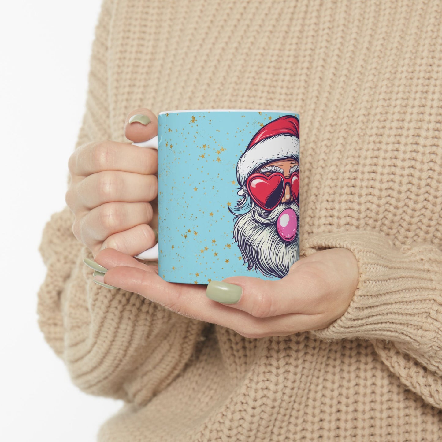 Retro Bubblegum Santa (light blue) - Ceramic Mug, (11oz, 15oz)