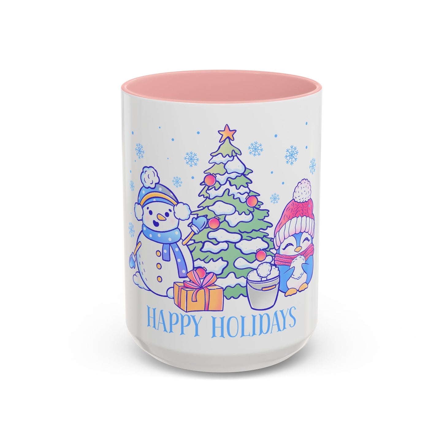 Happy Holidays (snowman and penguin) - Accent Coffee Mug (11, 15oz)