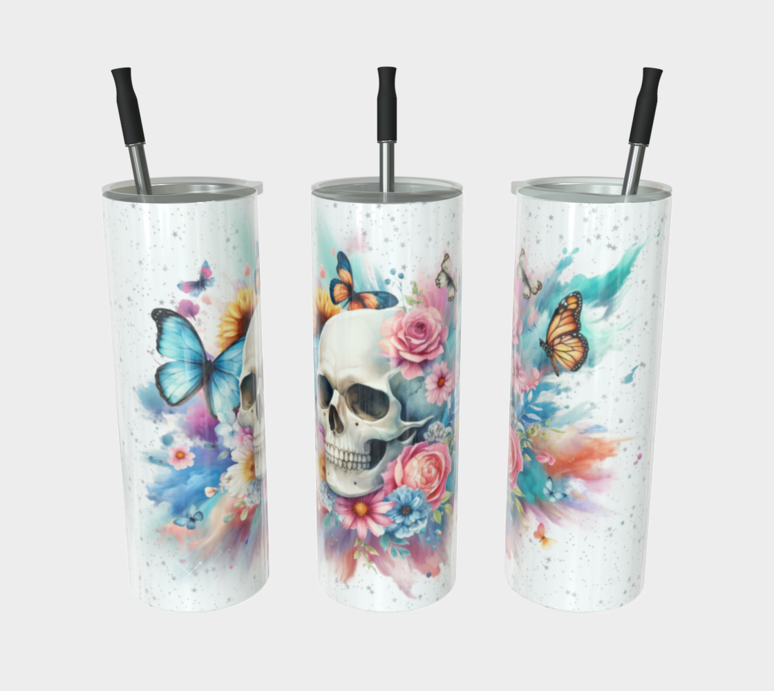 Watercolor Skull and Butterflies(white)- 20oz Tumbler